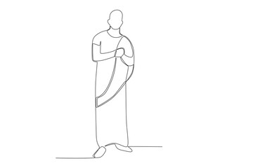 A Buddhist monk welcomes worshippers. Monk one-line drawing