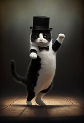The cat in the cap is dancing on the stage. AI genarated