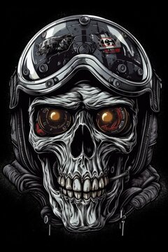 Cartoon Motorcycle helmet skull Tshirt design. Generative AI