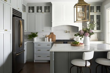 Fototapeta na wymiar a modern farmhouse kitchen with sleek cabinets, marble countertops, and an oversized lantern, created with generative ai