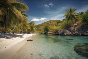 paradise beach, with clear and calm waters, surrounded by palm trees and warm atmosphere, created with generative ai
