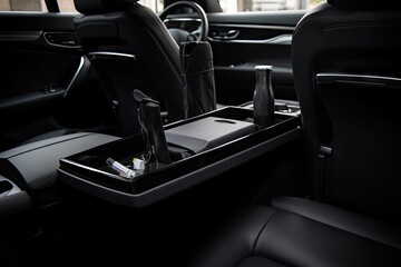 a sleek new car with a variety of accessories, including a phone charger and cup holder, created with generative ai