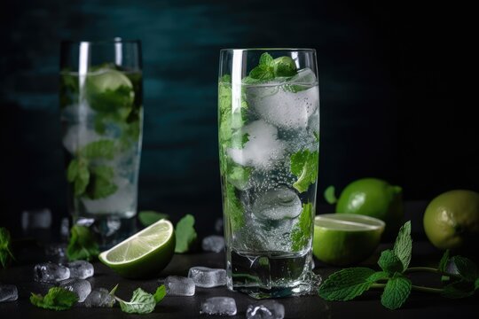 ice cubes clinking in tall glass with mojito mix and fresh mint leaves, created with generative ai