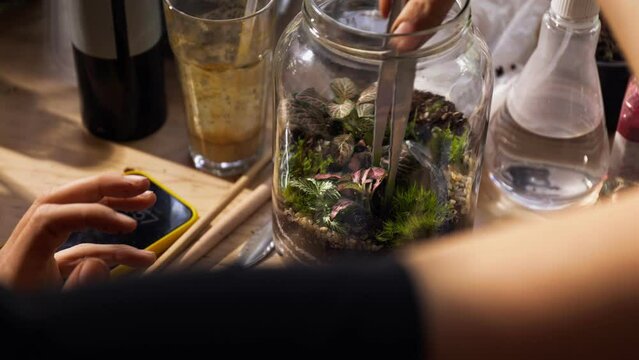 Person making terrarium. Group of people at outdoor florarium training and seminar. Self-sustaining micro garden ecosystem. People learning to create terrariums. Zen meditation hobby. Creative meetup.