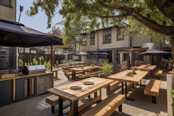 Fototapeta na wymiar outdoor bistro, with communal tables and open kitchen, offering chef-prepared meals to patrons, created with generative ai