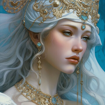 beautiful queen elf woman with white hair and wearing a crown fantasy character portrait Generative Ai