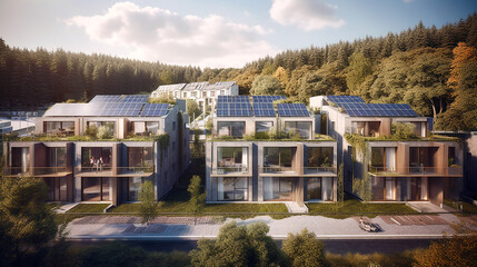 Fototapeta na wymiar Modern eco-friendly multifamily homes with photovoltaic cells.AI generativ