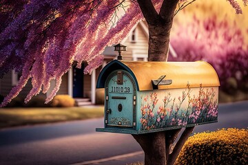 mailbox in vibrant neighborhood with colorful houses and blooming trees, created with generative ai