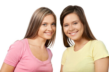 Portrait of Two Smiling Girlfriends , Sisters