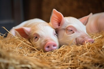 adorable little piglets with their eyes closed and resting in their straw bedding, created with generative ai