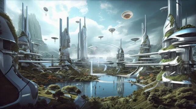 City Year River Bridge Middle Abstract Futurist Garden Utopia Asgard Rising Populated Aliens People Movie Forecasted Sky, Generative Ai