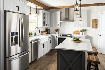 Fototapeta premium modern farmhouse kitchen with stainless steel appliances and natural stone countertops, created with generative ai