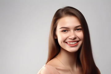 Portrait of a smiling young woman isolated on a gray background. AI