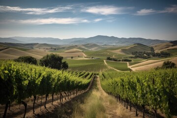 Fototapeta na wymiar vineyard surrounded by rolling hills and mountains in the distance, created with generative ai