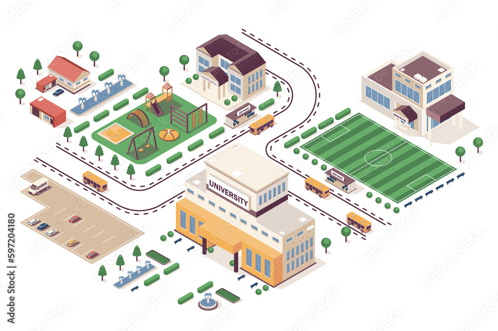 Leinwandbilder school learning concept 3d isometric web infographic workflow process. infrastructure map with kinde