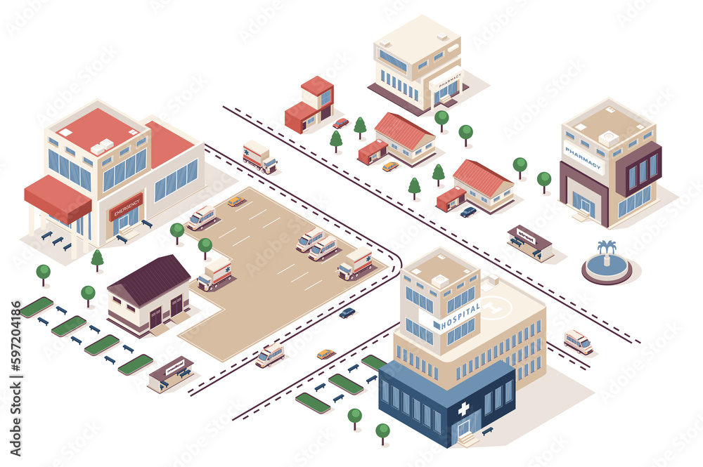 Leinwandbilder medical center concept 3d isometric web infographic workflow process. infrastructure map with buildi