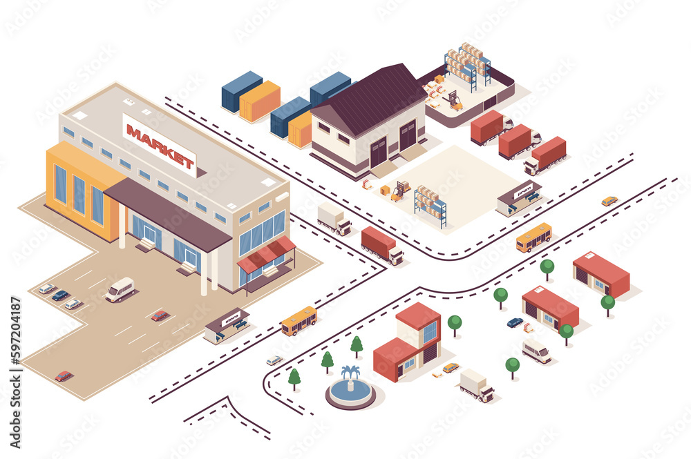 Poster shopping concept 3d isometric web infographic workflow process. infrastructure map with production b