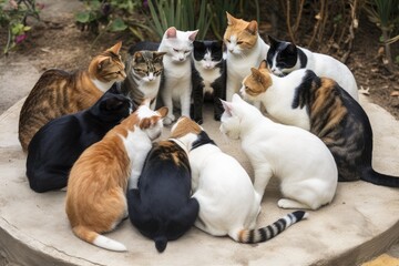 group of cats sitting in circle, licking each other, created with generative ai