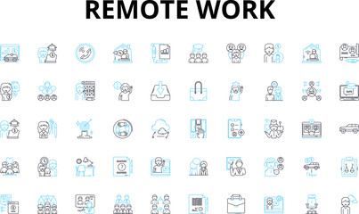 Remote work linear icons set. Flexibility, Virtual, Telecommute, Distance, Productivity, Collaboration, Autonomy vector symbols and line concept signs. Mobility,Freedom,Independent illustration
