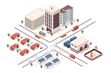 Smart city concept 3d isometric web infographic workflow process. Infrastructure map with business buildings, industrial area, green energy, suburb. Illustration in isometry graphic design