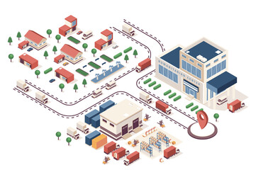 Humanitarian support concept 3d isometric web infographic workflow process. Infrastructure map with buildings, warehouse, volunteer center, delivery. Illustration in isometry graphic design