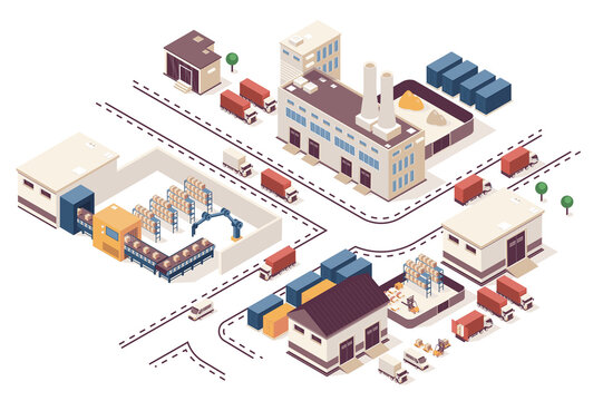 Automated industry concept 3d isometric web infographic workflow process. Infrastructure map with buildings, plant, warehouse, robot machine conveyor. Illustration in isometry graphic design