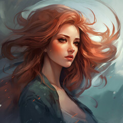 red hair beautiful girl fantasy character portrait Generative Ai