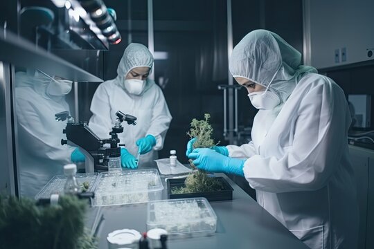 laboratory, with scientists studying the effects of medical marijuana on cells and disease processes, created with generative ai