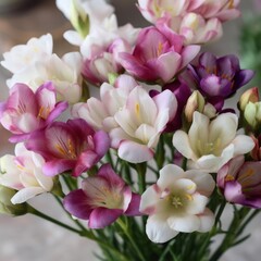 A romantic freesia with delicate, fragrant petals in shades of pink, purple, and white, generative AI
