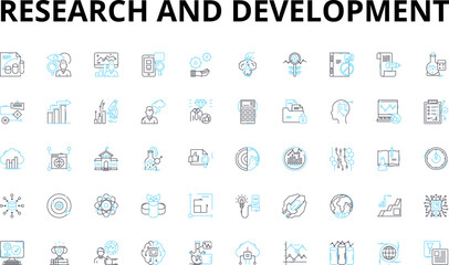 Fototapeta na wymiar Research and Development linear icons set. Innovation, Experiment, Breakthrough, Exploration, Genius, Insight, Discovery vector symbols and line concept signs. Advancement,Enhancement,Progress