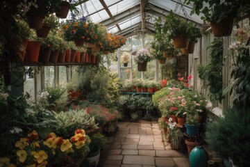 a greenhouse with hanging baskets overflowing with plants, created with generative ai