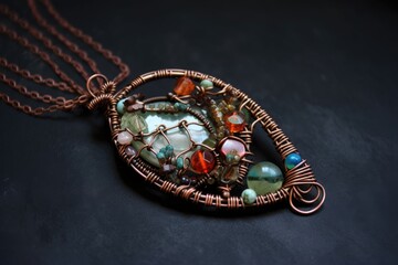 wire-wrapped pendant with delicate chain and bead accents, created with generative ai