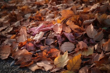 a pile of fallen leaves, with different shades and shapes visible, created with generative ai