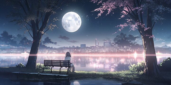 cute anime girl sitting on a bench from behind looking at the moon at night, in front of a lake, sky full of stars, japan city with a cherry tree, realistic, dark light, HDR, 4k, Generative AI