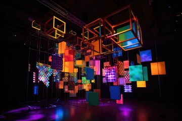 kinetic and interactive art installation made of colorful geometric shapes, lights, and sounds, created with generative ai
