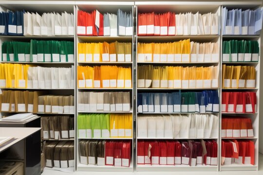 a color-coded system for categorizing piles of documents and files, created with generative ai