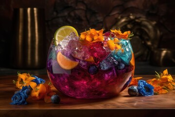 over-the-top colorful cocktail with handcrafted mixers and garnishes, created with generative ai