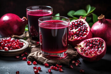 Two glasses of pomegranate juice near fresh juicy pomegranates on a black background. Created with Generative AI. - obrazy, fototapety, plakaty