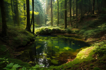 A small green pond in a forest. Created with Generative AI.