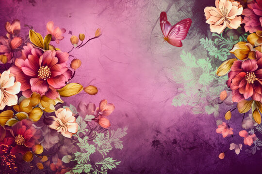A beautiful magenta pink background with flowers and butterfly on it. Created with Generative AI.