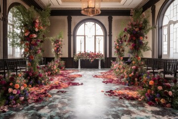 Fototapeta na wymiar ceremony space filled with floral arrangements of different colors and shapes, created with generative ai
