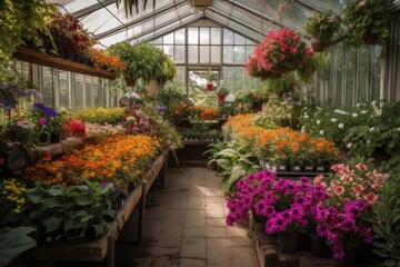 Fototapeta na wymiar greenhouse filled with lush greenery and blooming flowers, created with generative ai
