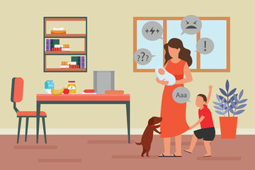 Emotional Burnout Of Mom with kids and pet 2d vector illustration concept for banner, website, illustration, landing page, flyer, etc