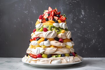 towering meringue dessert with layers of fruit and cream, created with generative ai - obrazy, fototapety, plakaty