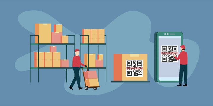 Warehouse With Big Boxes, QR Code Package 2d vector illustration concept for banner, website, illustration, landing page, flyer, etc