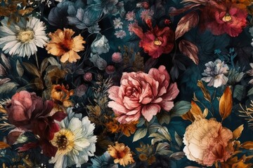 seamless pattern floral background vari closeup different flowers color black teal aesthetics baroque rock eden princess extremely opulent, generative ai - obrazy, fototapety, plakaty