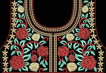 Satin stitch embroidery design with flowers. Indian traditional embroidery design and pattern for dress neckline.