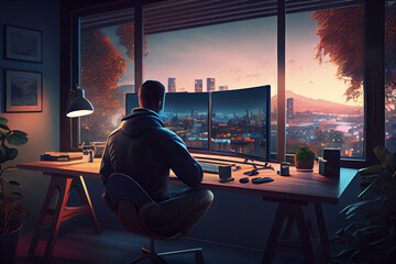 The programmer works in the office, outside the window is a big city. AI generated