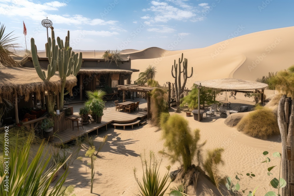 Canvas Prints oasis in the middle of a desert, surrounded by sand dunes and cacti, created with generative ai