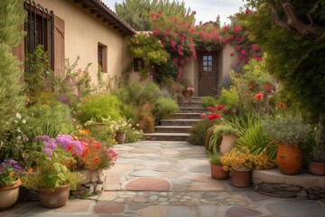 mediterrean house exterior with lush garden, colorful blooms and stone pathways, created with generative ai